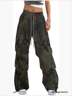 Y2K Baggy Parachute Cargo Pants Wide Leg Track Pants with Adjustable Drawstring
